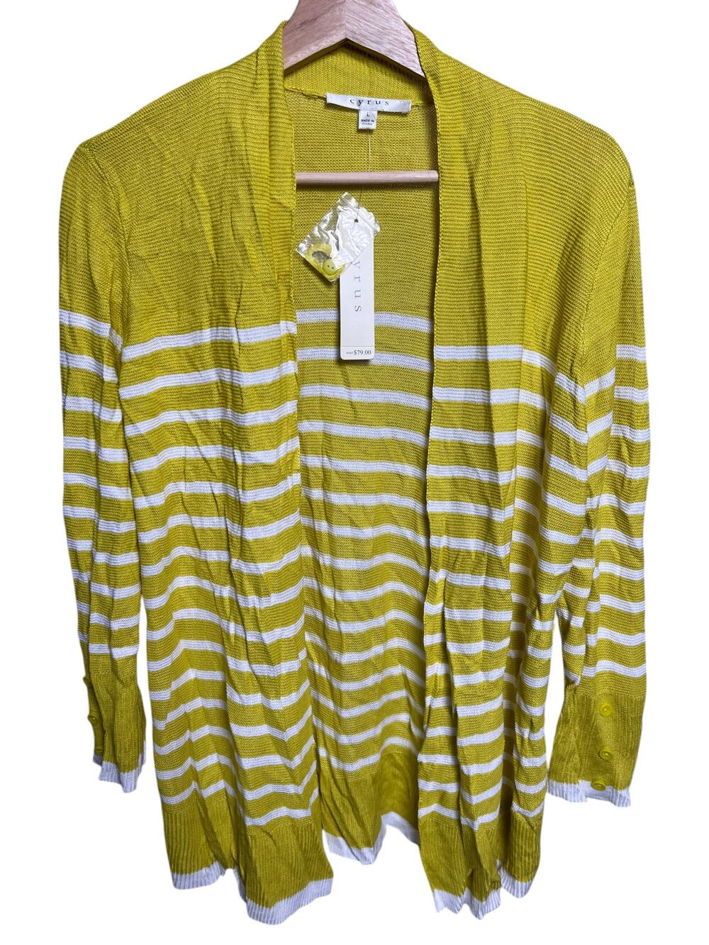 Cyrus Yellow Gray Striped Cardigan NWT Large